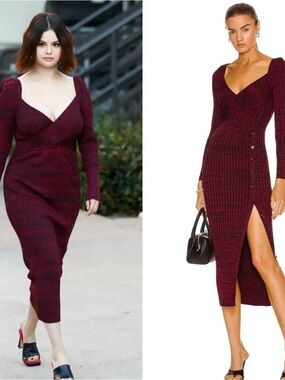 Self-Portrait Burgundy Long Sleeve Ribbed Midi Dress